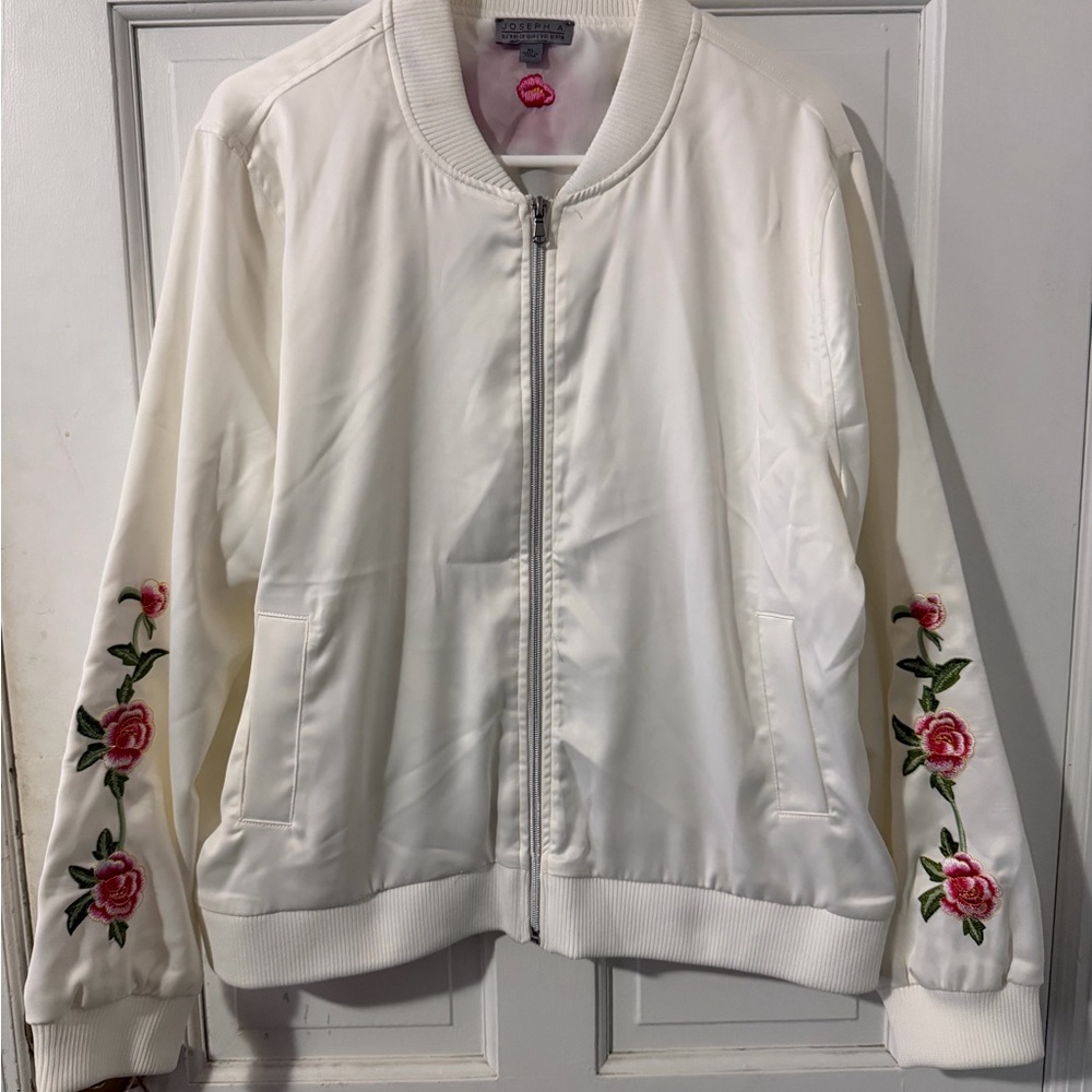 Joseph White Bomber Jacket with Pink Floral Embroidery